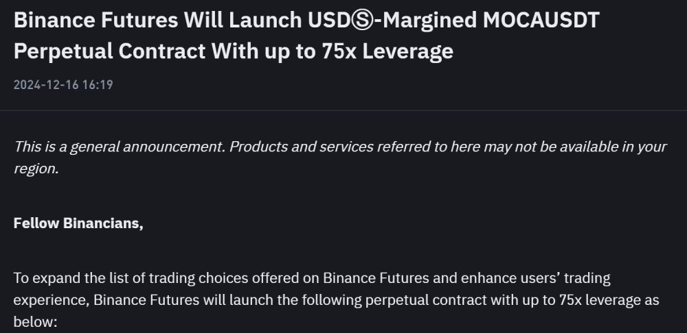 Binance Futures thông báo niêm yết $MOCA (Moca Network) vào 18:30 ngày 16/12/2024 - theo giờ Việt Nam