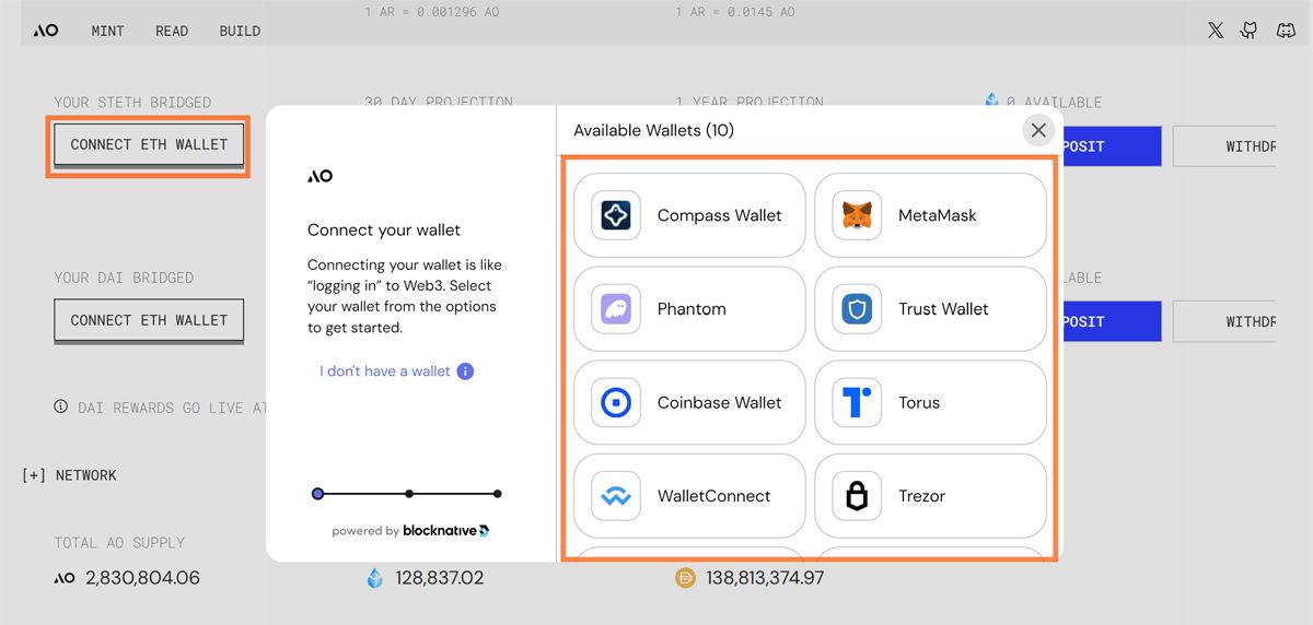 Kết nối ví và deposit để mint AO