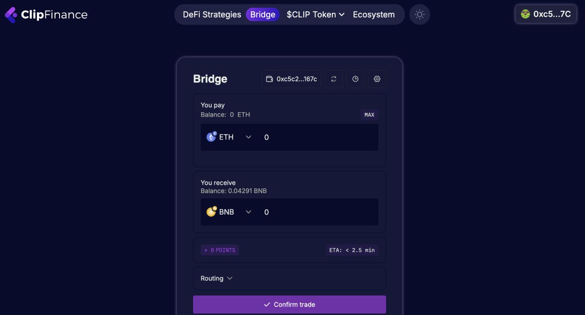 Giao diện Bridge trên Clip Finance