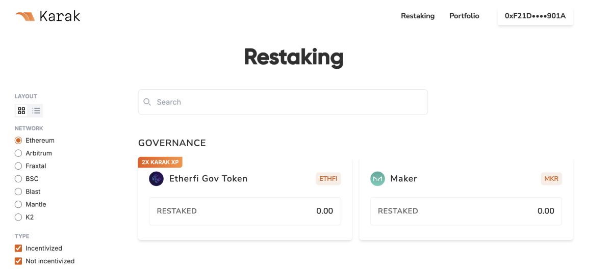 Giao diện restake trên Karak