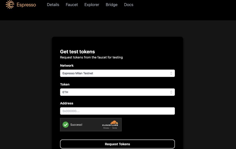 Giao diện website faucet token của Espresso