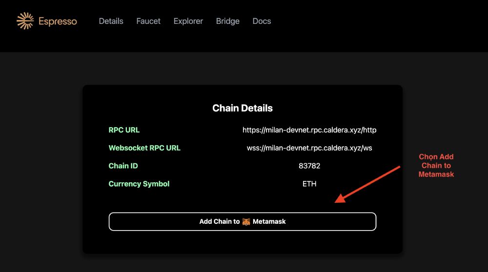 Ấn chọn Add Chain to Metamask để thêm mạng Milan