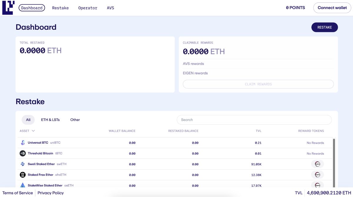 Giao diện Restaking trên EigenLayer