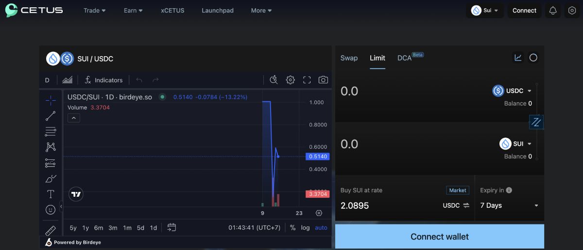 Giao diện tính năng Limit trên Cetus Protocol