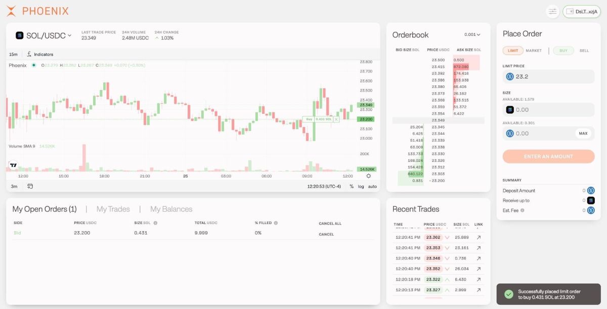 Giao diện Trade trên Phoenix