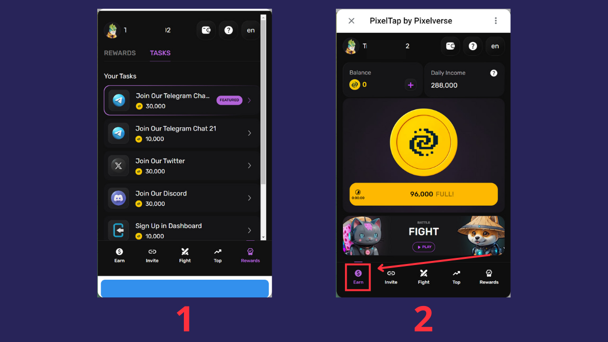 Hoàn thành nhiệm vụ và vào mục Earn để kiếm PixelVerse coin