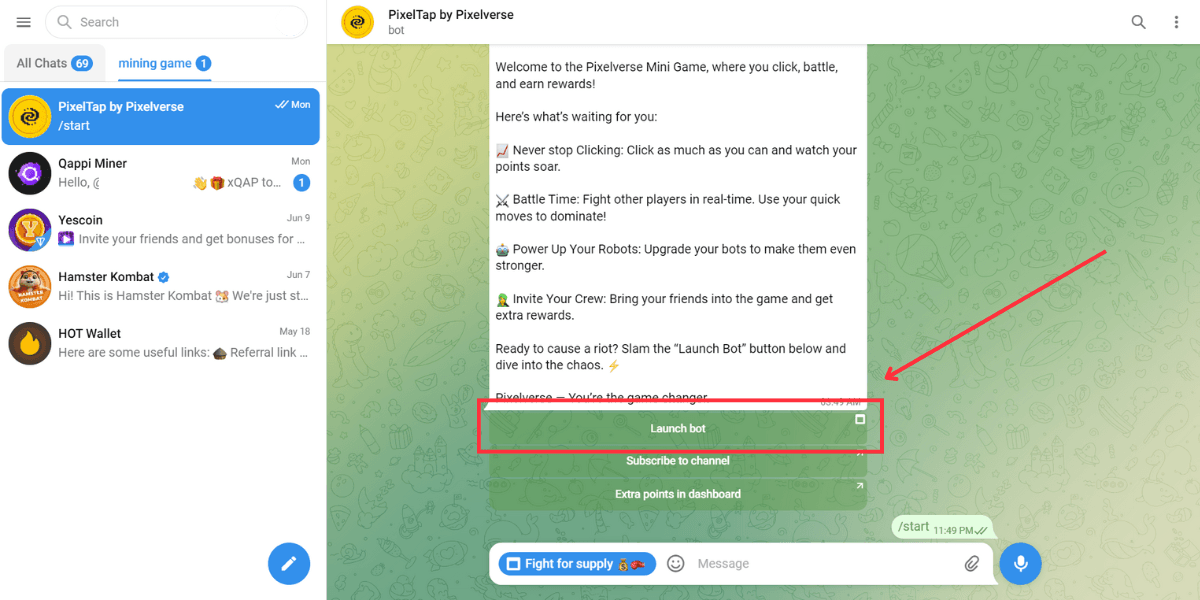 Nhấn vào Launch bot để bắt đầu game PixelVerse