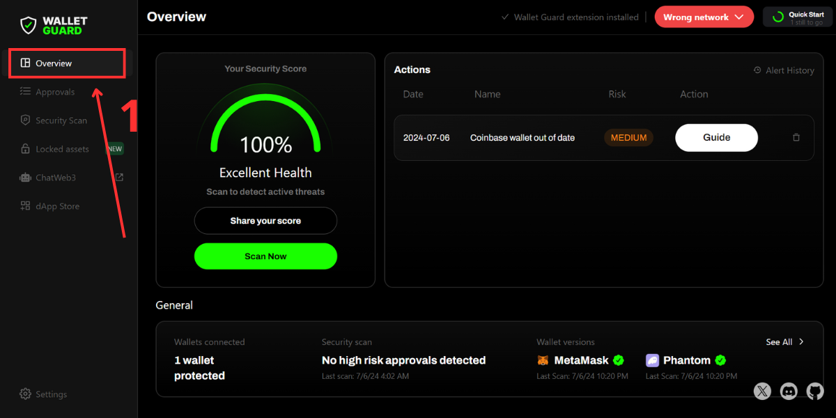 Nhấn vào Overview để kiểm tra tổng quan điểm an toàn của ví đang sử dụng