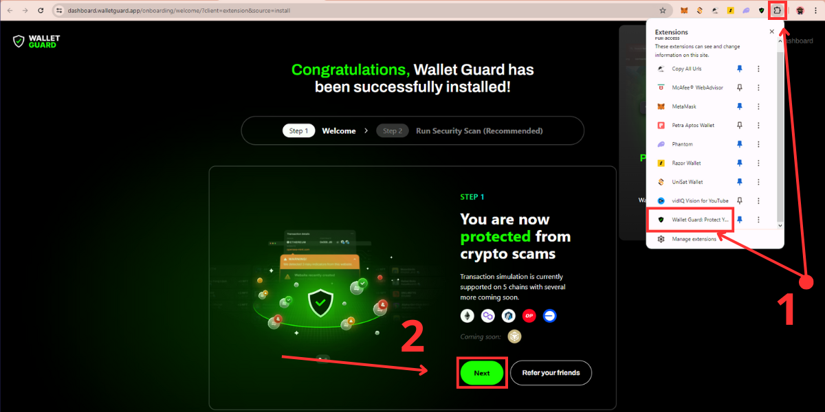 Hoàn thành cài đặt Wallet Guard và scan security ví của bạn.