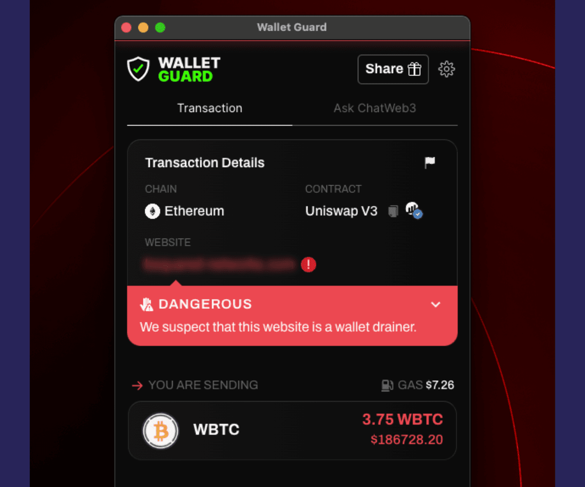 Tính năng Threat Notification của Wallet Guard giúp cảnh báo các website độc hại