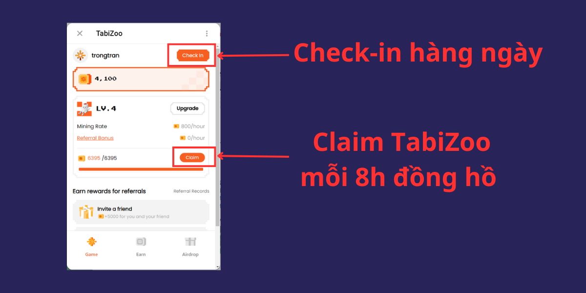 Check-in và Claim để nhận TabiZoo Point