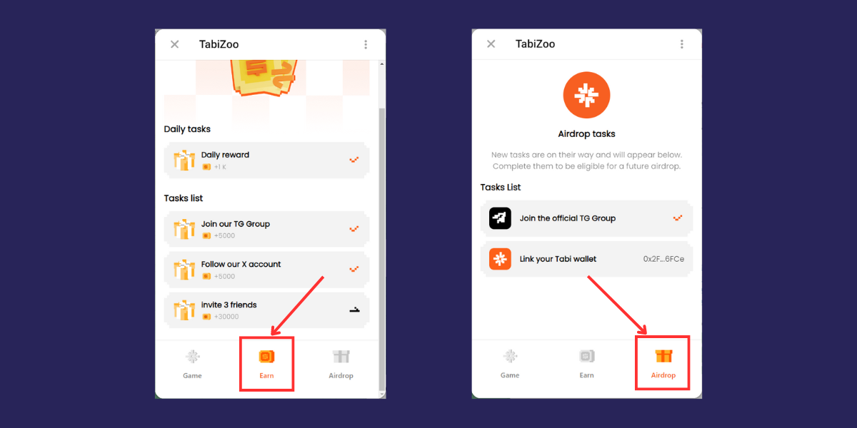 Hoàn thành nhiệm vụ ở mục Earn và Airdrop để kiếm thêm TabiZoo Point