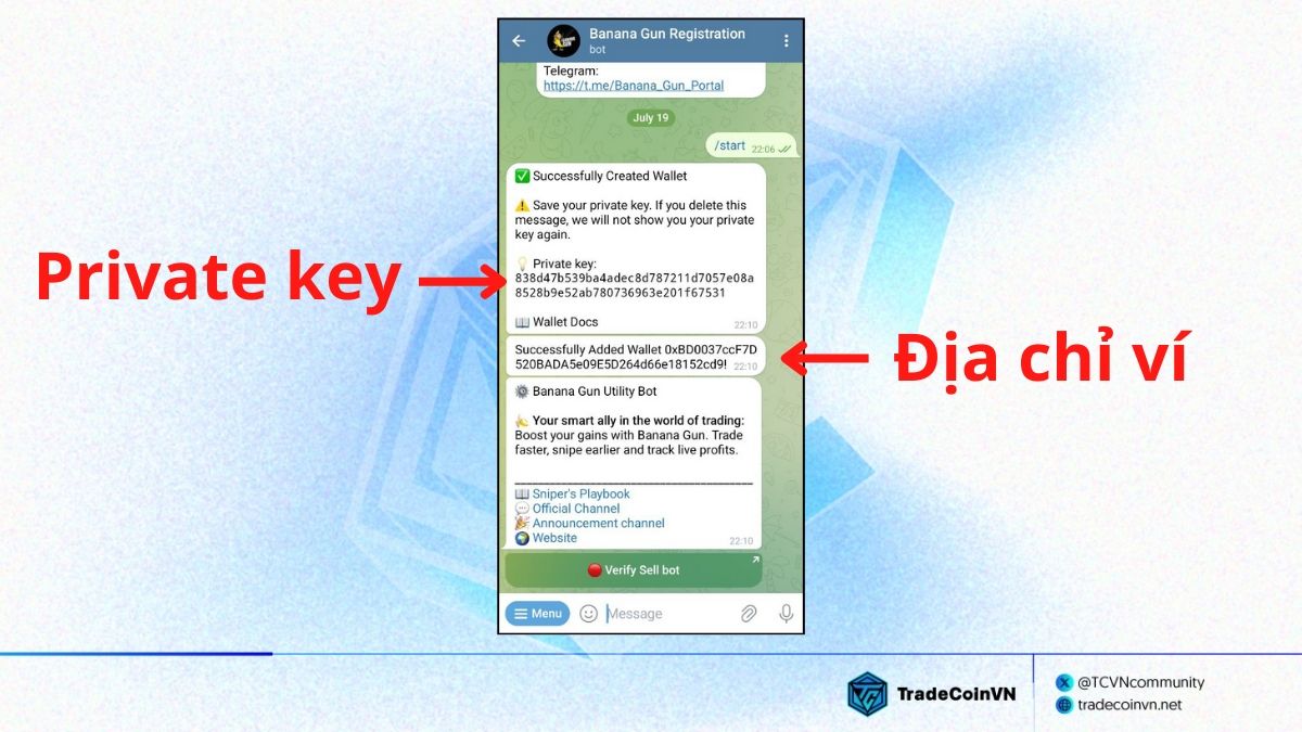 Lưu địa chỉ và private key của ví vừa mới tạo trên Banana Gun Bot