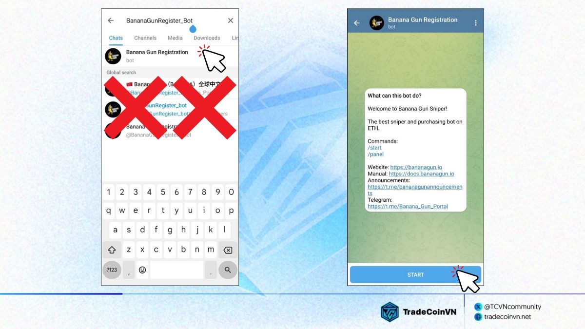 Tìm Banana Gun trên Telegram và nhấn Start để bắt đầu