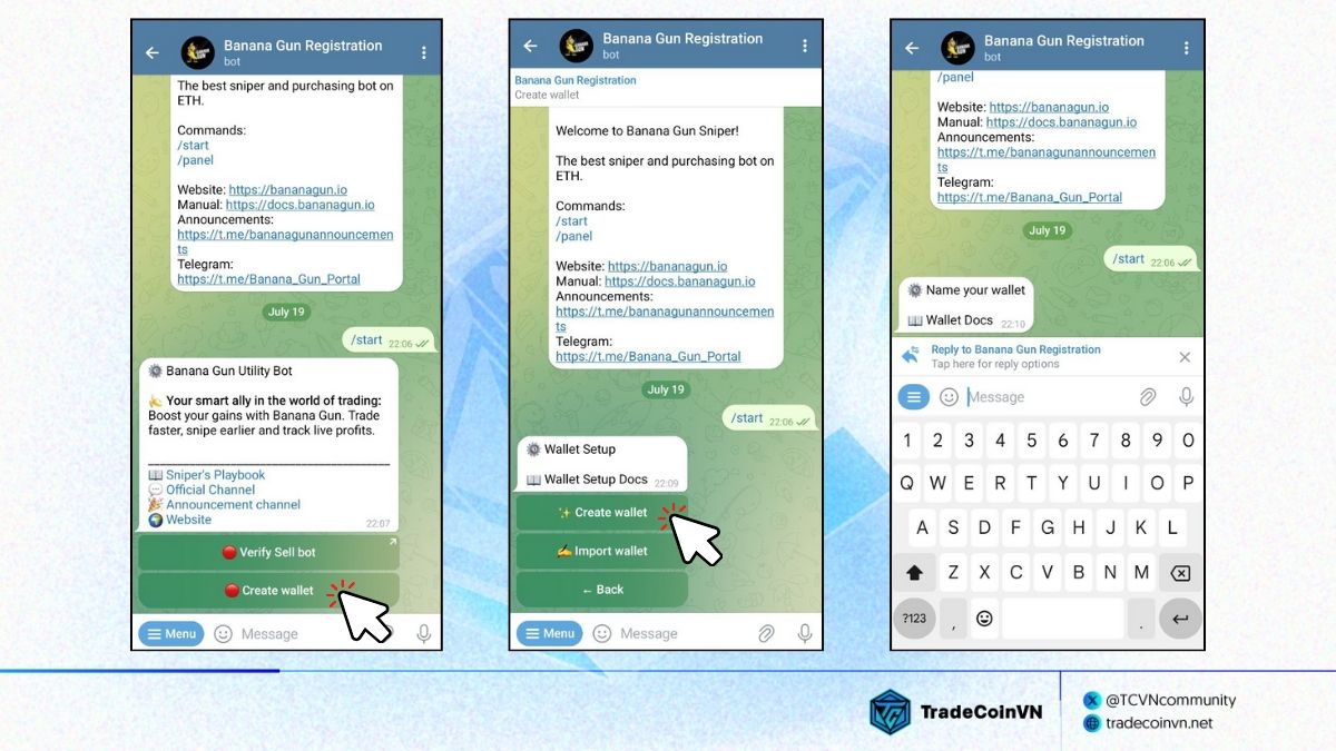 Chọn create wallet và nhập tên để tạo ví mới trên Banana Gun Bot