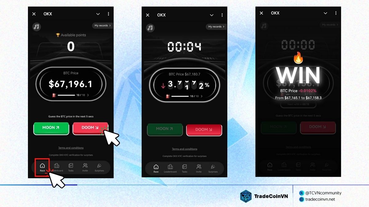 Dự đoán giá Bitcoin tăng hoặc giảm để kiếm point trên OKX Racer