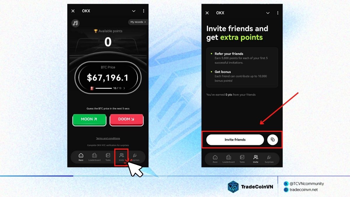 Mời bạn bè để kiếm points trong OKX Racer