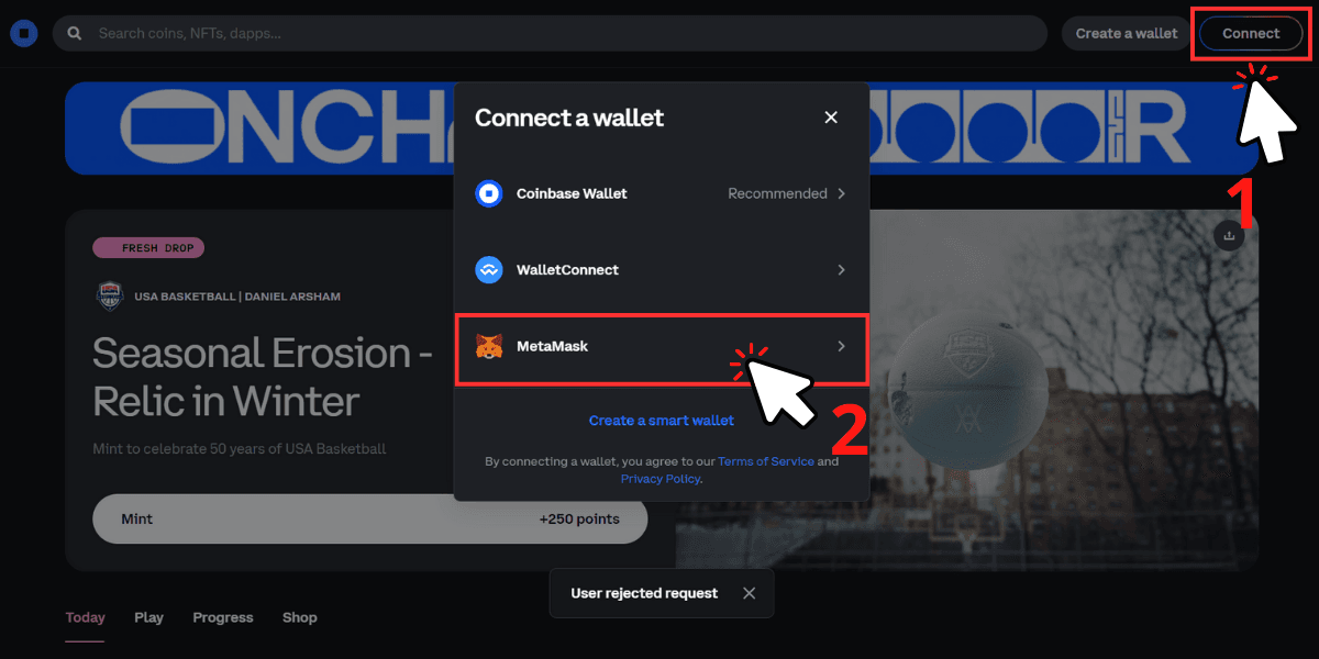 Kết nối ví với trang Onchain Summer của Coinbase