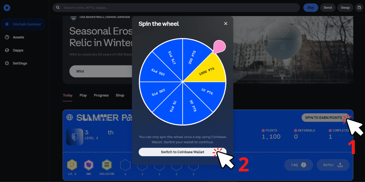 Spin the wheel để nhận point free mỗi ngày trên Onchain Summer