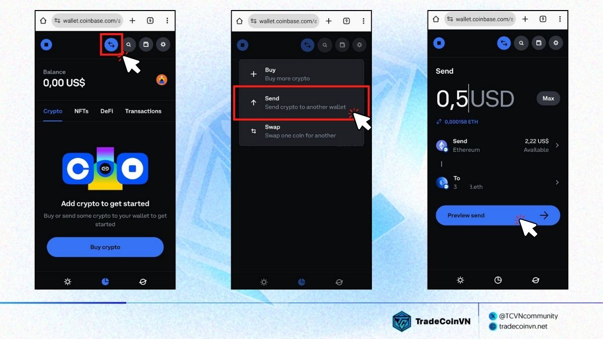 Cách gửi crypto từ ví Coinbase Smart Wallet