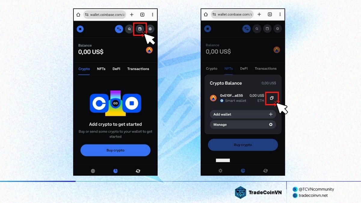 Cách lấy địa chỉ ví của bạn trên Coinbase Smart Wallet
