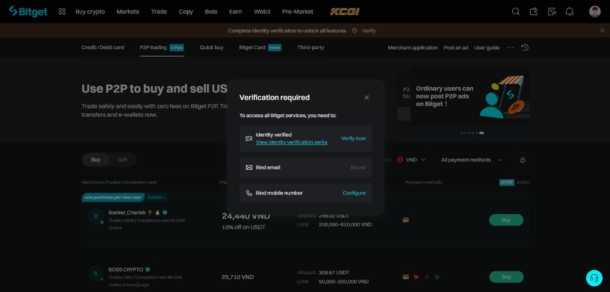 Yêu cầu xác minh các thông tin để sử dụng các tính năng trên sàn Bitget