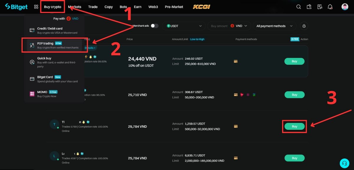 Chọn thương nhân cung cấp dịch vụ P2P trên Bitget