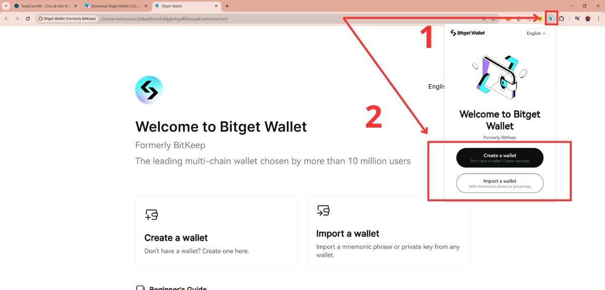 Nhấn Create a wallet hoặc Import a wallet để thêm ví của bạn vào Bitget Wallet