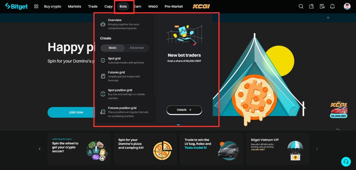Tính năng Bots của sàn giao dịch Bitget