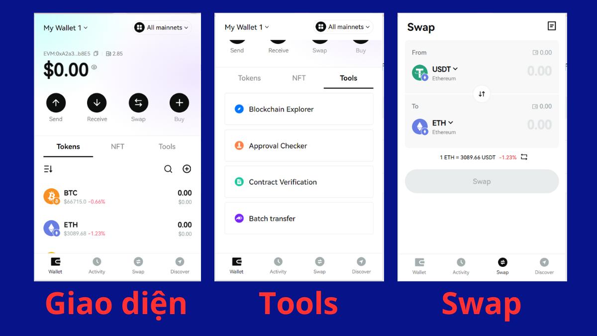 Giao diện, Tools và tính năng Swap & Bridge của Bitget Wallet