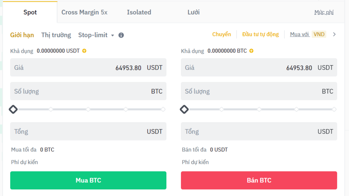 Ô đặt lệnh Spot trên sàn giao dịch Binance