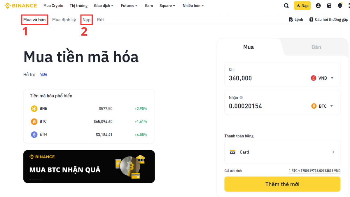 Hình minh họa cho cách mua Crypto trên sàn Binance