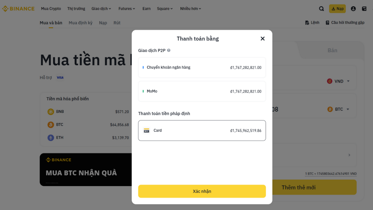 Các phương thức thanh toán khi mua Crypto trên sàn Binance