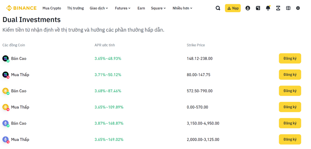 Đầu tư theo hình thức Dual Investment trên Binance Earn