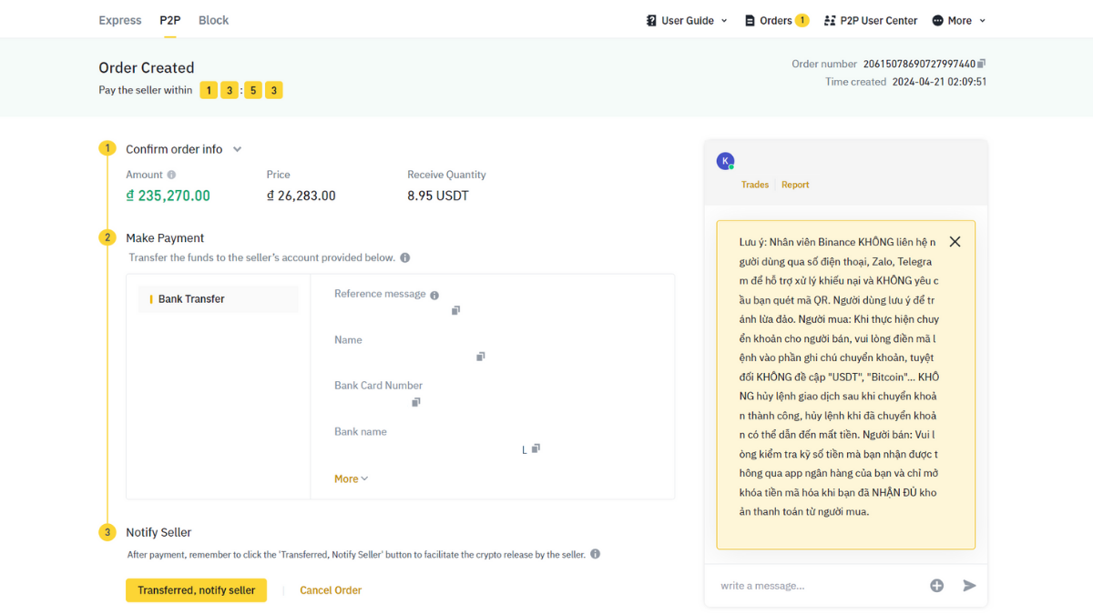 Hình minh họa giao diện thanh toán cho giao dịch P2P trên sàn Binance