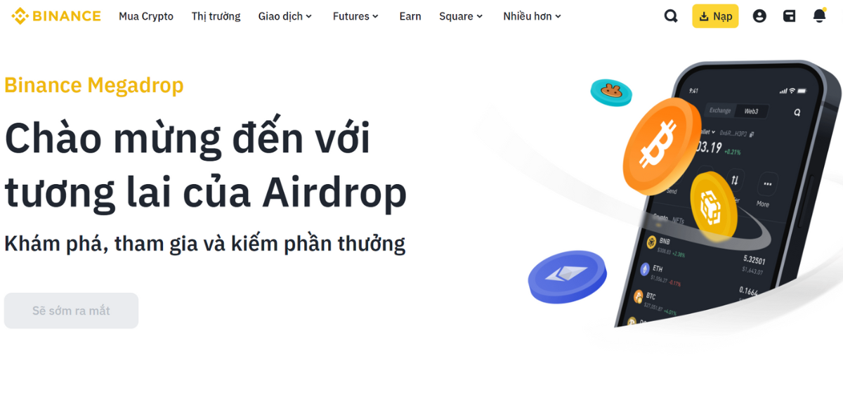 Trang chủ nền tảng Binance Megadrop sắp ra mắt.