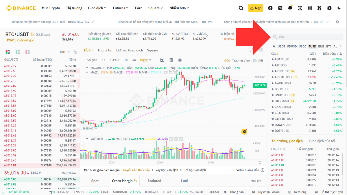 Hình minh họa cho cách tìm kiếm cặp giao dịch trên sàn Binance