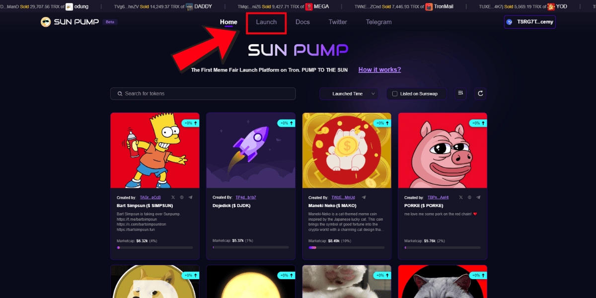 Vào khu vực launch memecoin trên SunPump