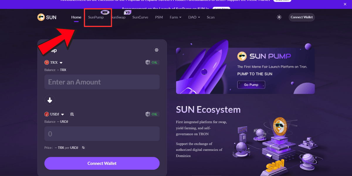 Nhấn vào SunPump từ trang chủ của nền tảng DeFi Sun