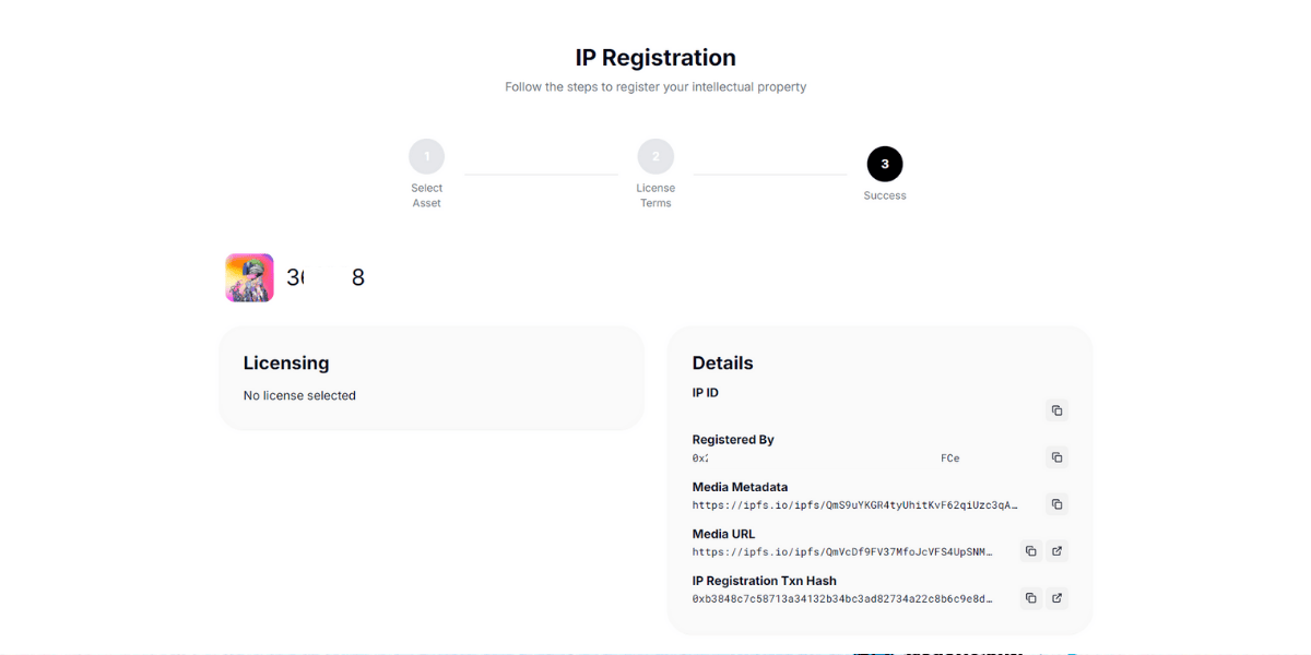 Thông tin về IP Assets mà bạn vừa mới tạo thành công