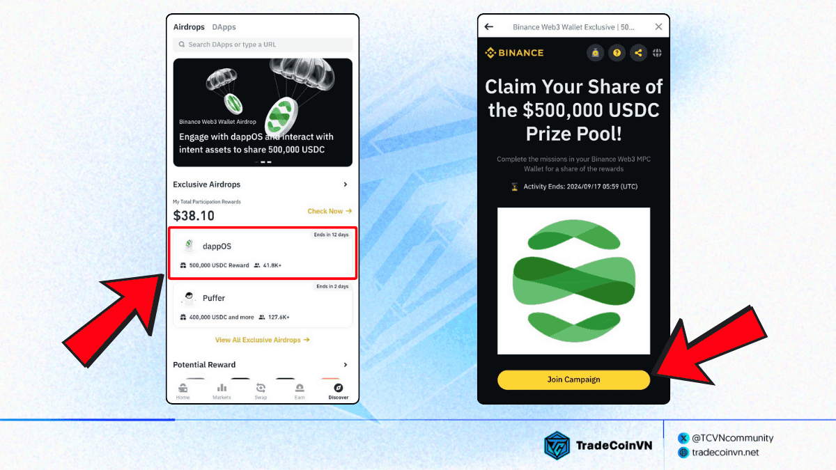 Chọn chiến dịch DappOS trên Airdrop của ví Binance