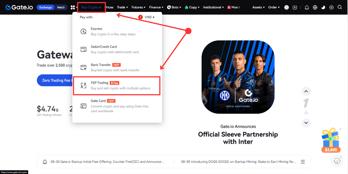 Chọn P2P Trading trên Gate