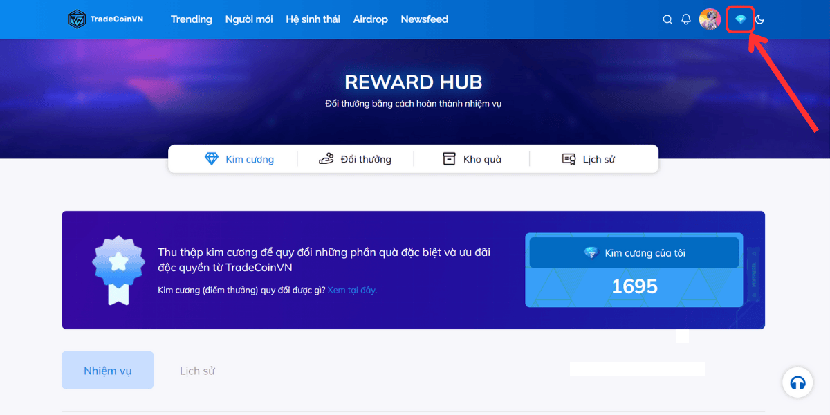 Nhấn vào icon 💎 để vào Reward Hub trên web