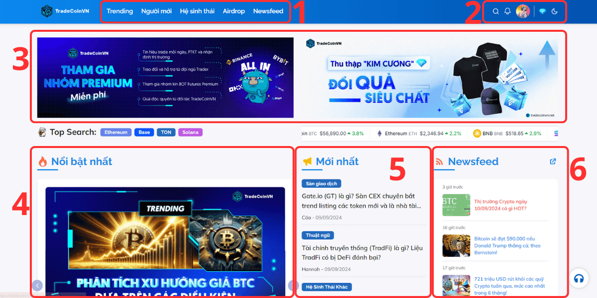 Những mục nổi bật trên giao diện chính trên website của TradeCoinVN