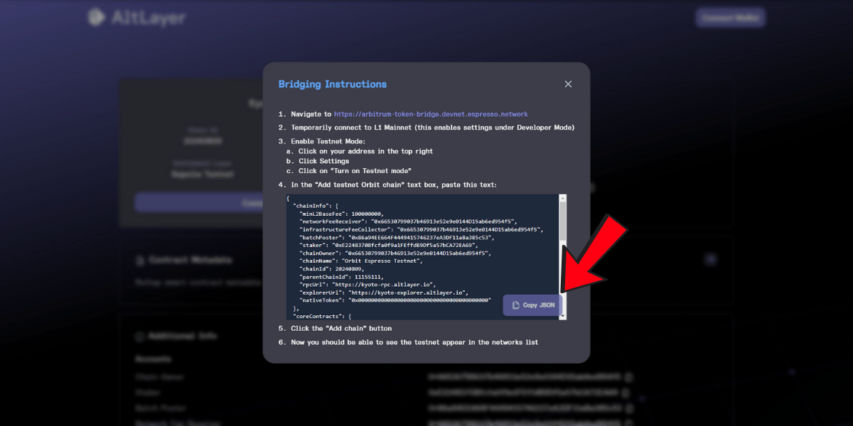 Copy JSON để sao chép mã thêm mạng Orbit Chain