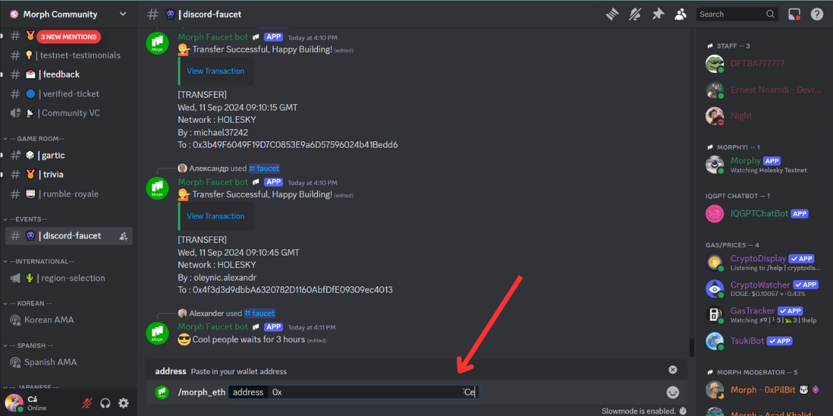 Faucet ETH và USDT trên Discord của Morph