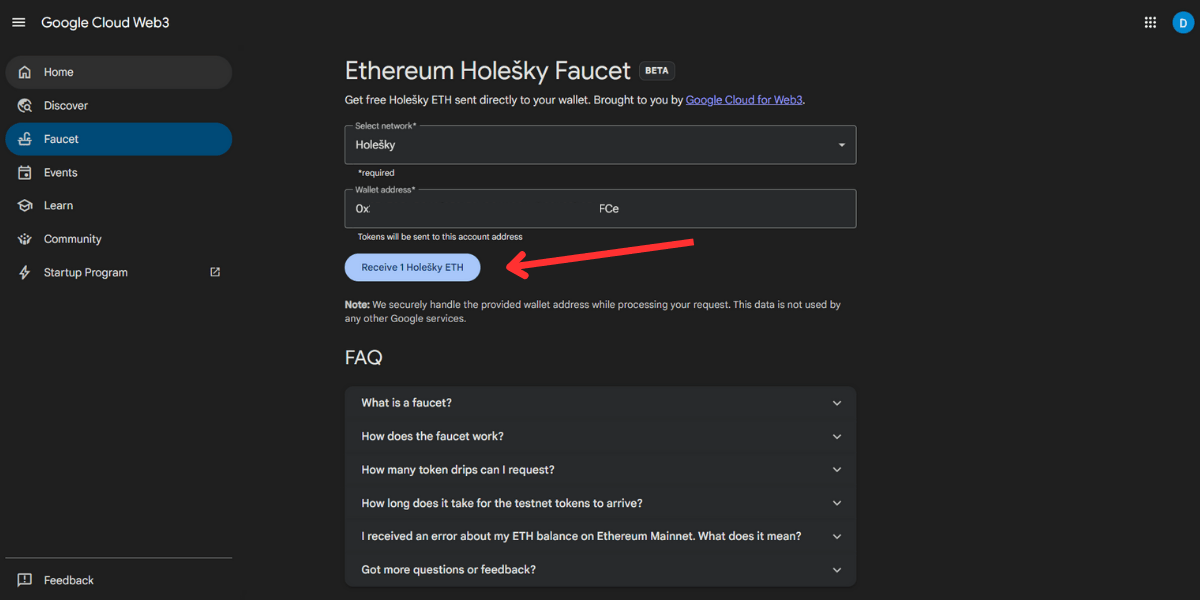 Faucet Holesky ETH trên Google Cloud Web3