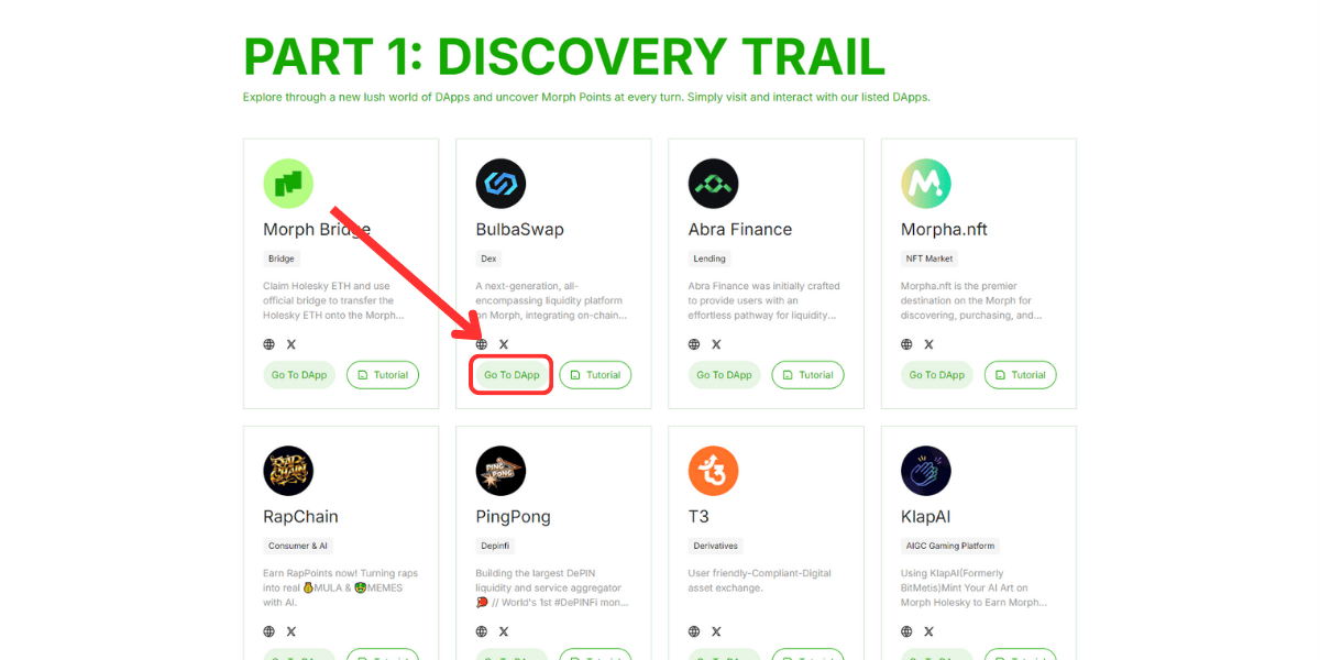 Chọn dApp để trải nghiệm trong hệ sinh thái Morph Testnet