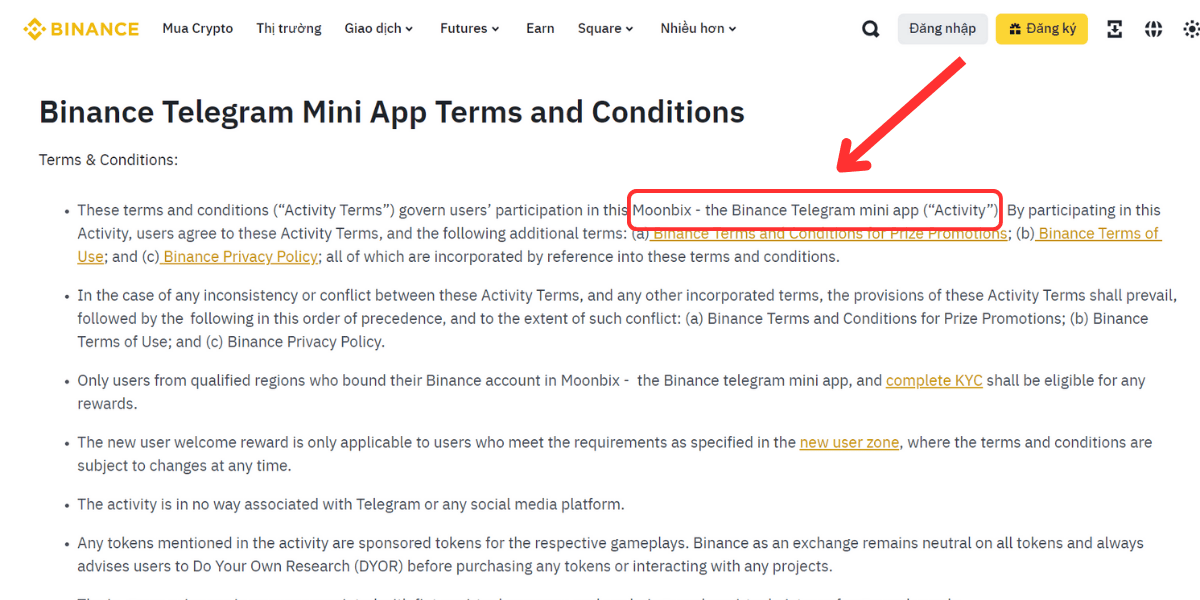 Điều khoản về Binance Telegram Mini App