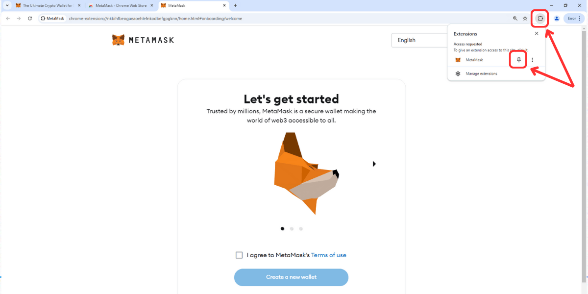 Pin Metamask để dễ truy cập trong những lần sử dụng sau